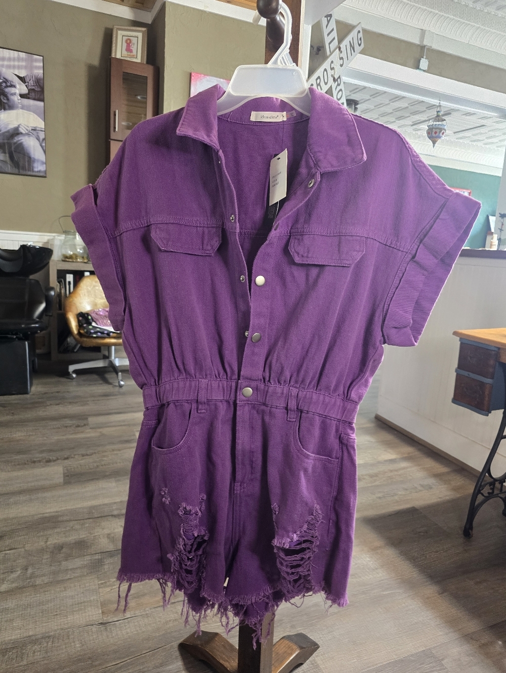 Purple Short Sleeve Distressed Romper